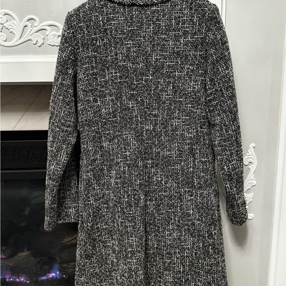 Momoco Black White Tweed Check Long Overcoat Fringe Pearl Buttons Size 38 - Picture 4 of 11